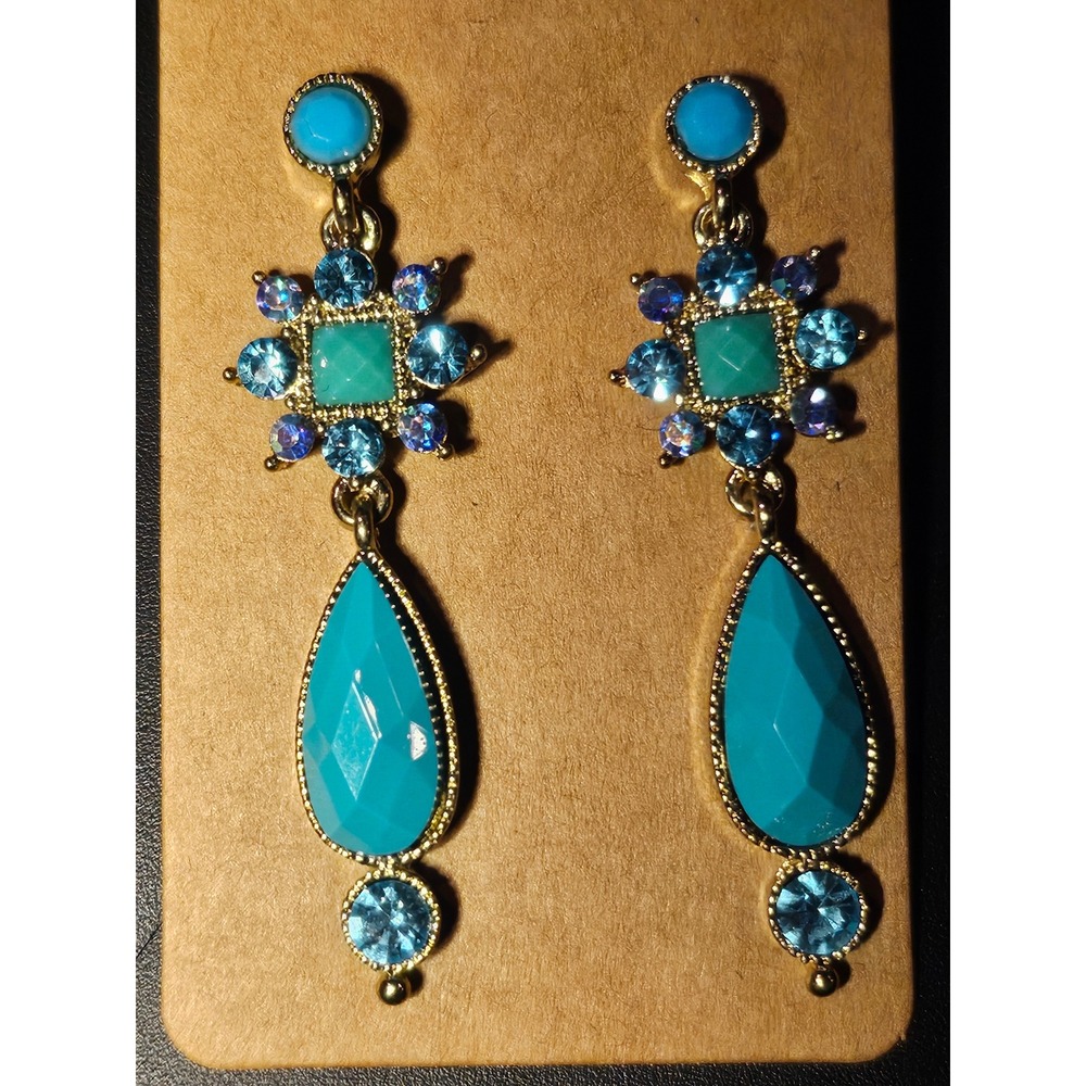 Turquoise Blue Rhinestone Gold Tone Teardrop Dangle Statement Earrings Boho